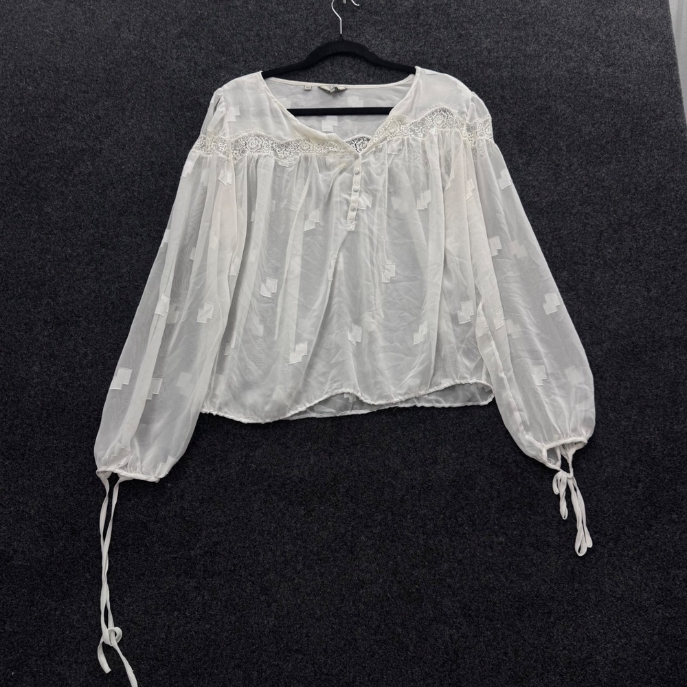 Vintage Guess Los Angeles White Sheer Lace Peasant Blouse Boho Top Large